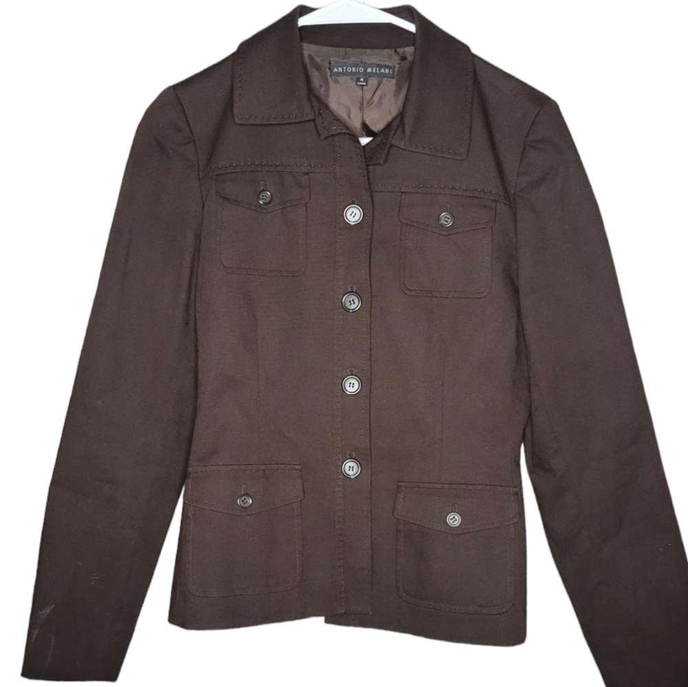 Antonio Melani Blazer Women's Brown Cropped Career Jacket Button Front Size 4
